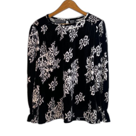 Massini Black & White Velvet Boho Blouse Gathered Cuffs Dressy Size Medium - Picture 1 of 6